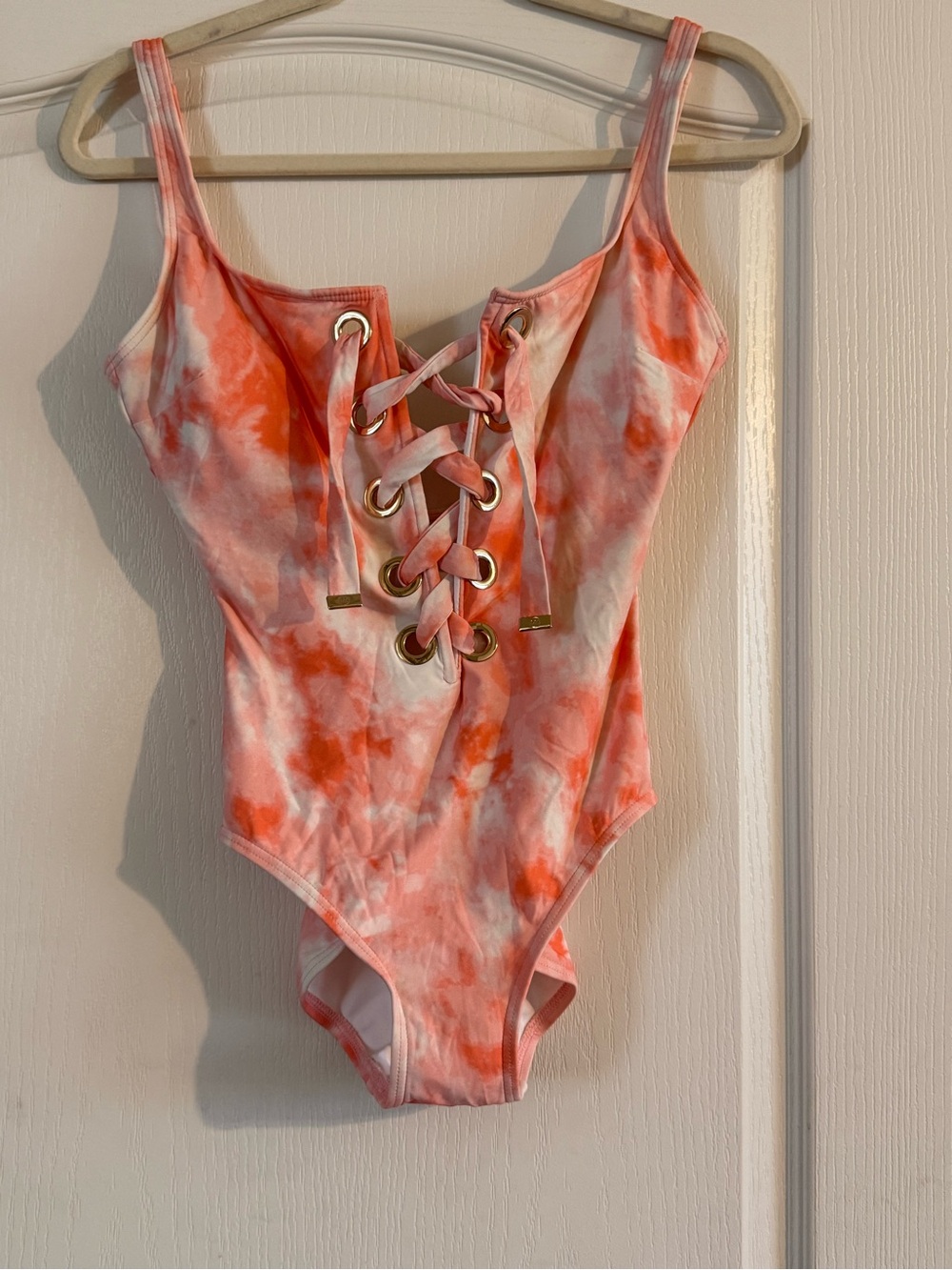 MICHAEL Michael Kors Coral and White Lace-Up One-Piece Swimsuit